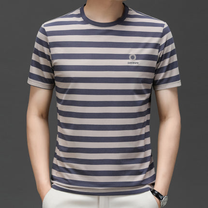 Mingdi Mouse Men's Summer New Short-sleeved Young and Middle-aged Crewneck T-shirt Business All-match Striped Men's T-shirt Top
