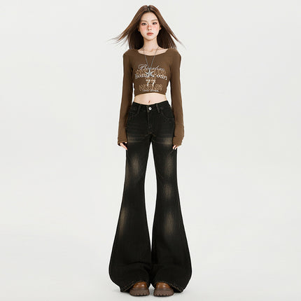 Retro American-Style Flared Jeans for Women, Autumn, Spicy Girl, Non-Stretch, Tall, Low-Rise, Heavy-Duty Washed Bell-Bottom Pants