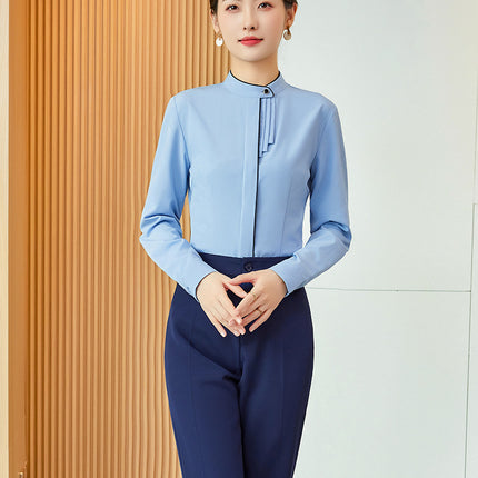 Elegant White Long-sleeved Shirt Spring and Autumn New Business Dress Dress Overalls Round Neck Buckle Women's Shirt