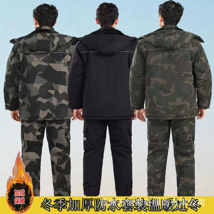 Winter Cotton-Padded Labor Protection Clothing for Men, Fleece-Lined and Thickeneded Cotton-Padded Jacket and Pants Suit, Wear-Resistant and Cold-Proof Camouflage Cotton Coat and Work Clothes