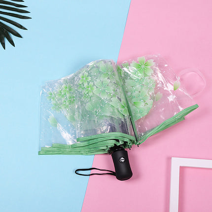 Fully Automatic Folding Plastic Transparent Cherry Blossom Umbrella for Women, Long Handle Apollo Style, Fresh and Simple, for Children, Students, Performances, Wholesale
