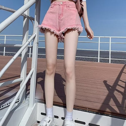 White Korean Style High Waist Fashion Fringe Hot Girl Denim Shorts 2024 Summer Rick Western Style Solid Color Hot Pants