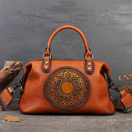 Embossed Totem Tote Bag in Vegetable-Tanned Leather for Women, Commuter Handbag, Large Capacity Shoulder Crossbody Dumpling Bag