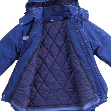 Winter Workwear Cotton Jacket for Men, Fleece-Lined, Thickened, Detachable, Cold-Proof, Cold Storage Cotton Coat, Welder Denim Labor Protection Cotton-Padded Jacket
