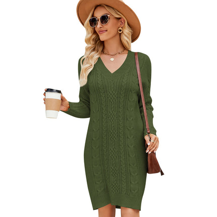 Cross-Border European and American Clothing Pure Color V Neck Long Sweater Dress Autumn and Winter Fashion Elegant Cable Bottoming Knitted Dress