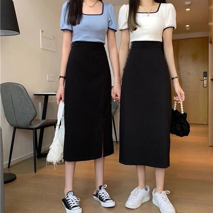 Early autumn versatile split Korean style high-end 20 women's clothing sense 23 mid-length hip skirt high waist slimming A- line skirt