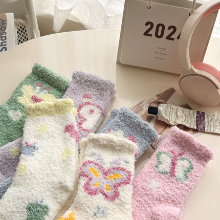 Autumn and Winter Coral Fleece Socks Women's Hair-free Flower Butterfly Floor Socks Thickened Warm Home Sleep Socks