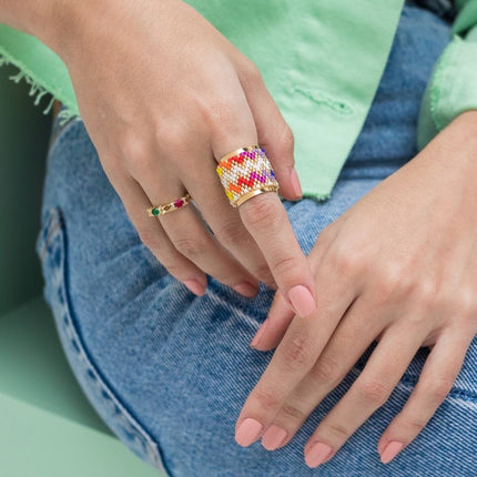 New Miyuki Antique Rice Beads Light Luxury High Sense Hand Woven Stainless Steel Bohemian Style Ring Wholesale