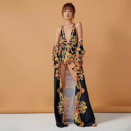 INS new sexy deep V belly-covering beauty back slimming retro style printed French robe one-piece swimsuit women's two-piece suit