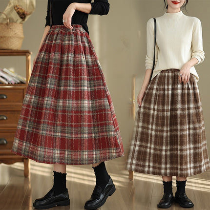 Real Shot of Thickeneded Woolen Elastic Waist Casual Plaid Skirt Retro Literary A-Line Skirt for Women 2025 Autumn and Winter New Products