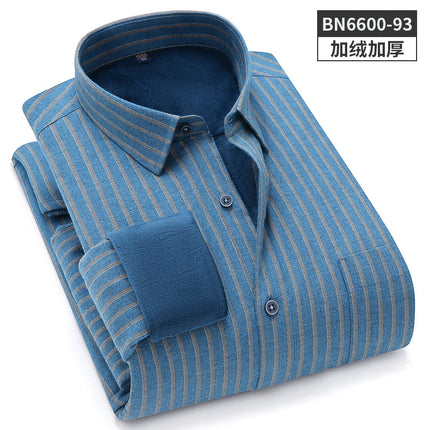 24 Winter Pure Cotton Brushed Plaid Warm Shirt Fleece-Lined Thickeneded Winter Shirt Light Business Square Collar Long-Sleeved Shirt
