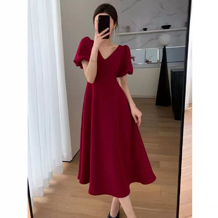 Large Size Chubby Girl French V-neck Hepburn Style Wine Red Dress Women's Summer Puff Sleeve Slim Belly Covering Long Dress