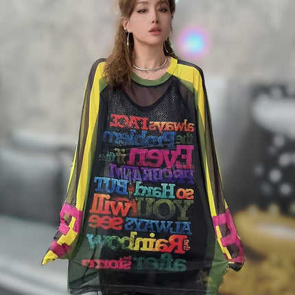 Contrast Color Mesh T-Shirt Bottoming Shirt for Women Creative Military Green Printed Loose Mid-Length Pullover Sun Protection Mesh Shirt Top t