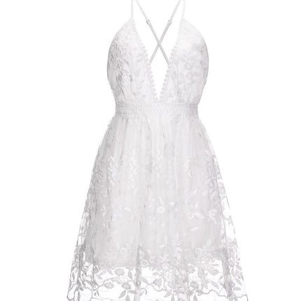 Cross-Border 2023 Summer New European and American Sexy Deep V Neck Backless Suspender Dress Amazon Lace Beach Dress