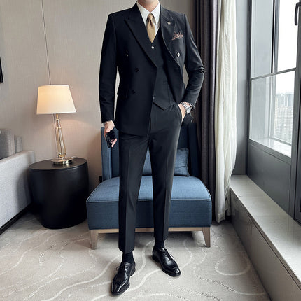 Live Supply of High-Quality, Stylish Double-Breasted Men's Suit Sets from Douyin and Kuaishou Influencers, Three-Piece Suit Set