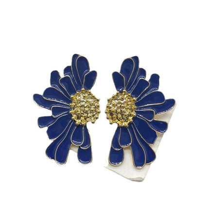 Artistic retro style earrings color enamel glaze chrysanthemum design silver pin earrings niche luxury earrings multi-color optional