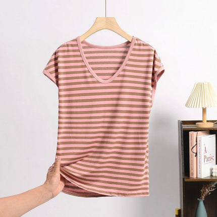 Cross-border Loose plus size Modal Sleeveless Round Neck Striped T-shirt Summer Thin Loose Slimming Casual Base Shirt
