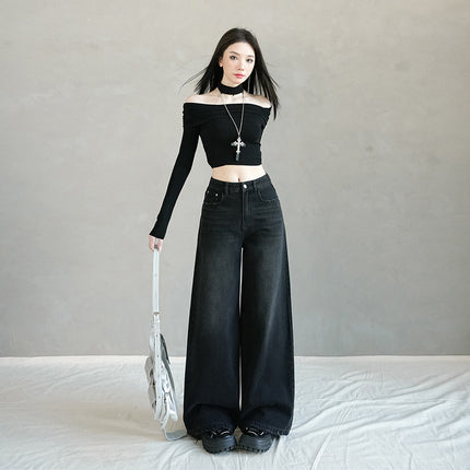 American Retro Frayed Design Wide-Leg Jeans for Women in Autumn and Winter New Style High-Waisted Loose Flesh-Covering Straight Legs