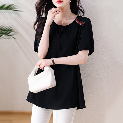 Plus-Size Women's Fashionable Embroidered Chiffon T-Shirt for Chubby Moms, Stylish and Concealing Belly Fat, Eye-Catching Top
