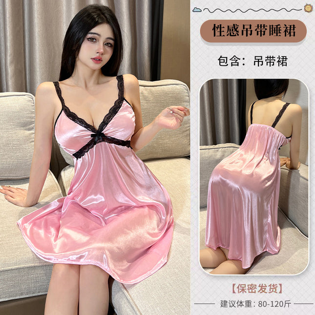 Sexy Strap Nightgown Backless Lace Nightgown Summer Sexy Pure Satin Sexy Nightgown Home Thin Nightgown
