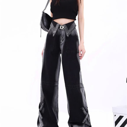 Black and Gray Gradient Cuffed Jeans for Women, Autumn 2025 New Slimming Drape Straight-Leg Floor-Length Pants