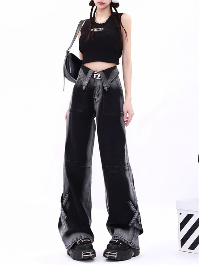 Black and Gray Gradient Cuffed Jeans for Women, Autumn 2025 New Slimming Drape Straight-Leg Floor-Length Pants