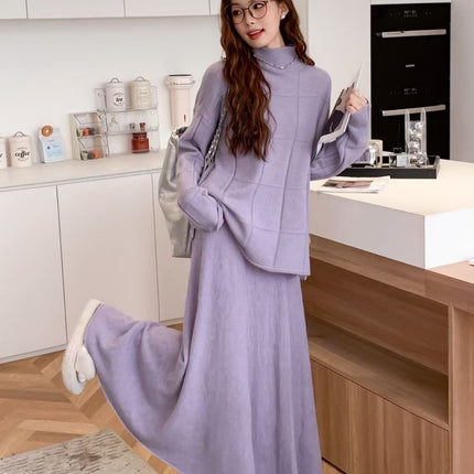 European and American Style Knitted Sweater Set for Women, Autumn and Winter Two-Piece Set, Half-High Collar Pullover Sweater and Solid Color Casual Skirt Set