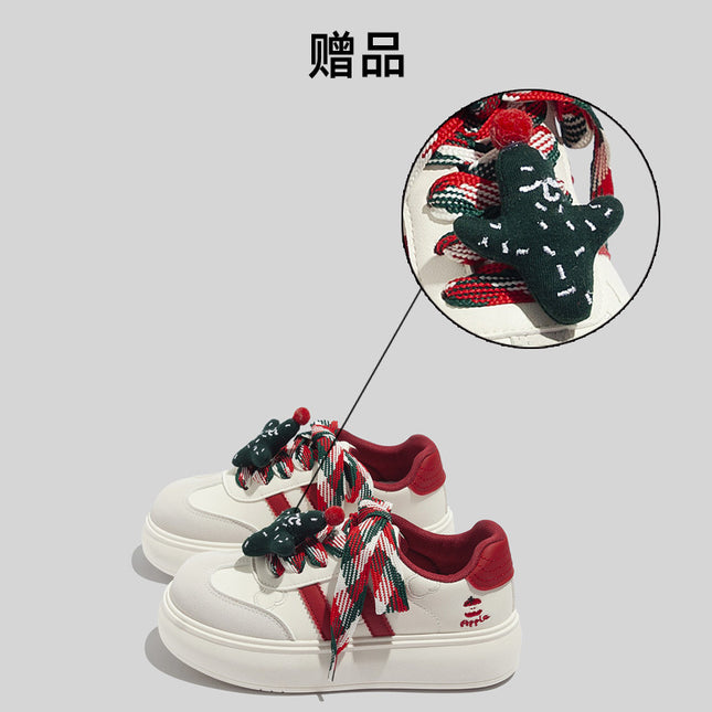 Fashionable Thick-Soled Versatile Christmas-Style White Sneakers for Women, 2026 Spring New Model, Student Sports Casual German Training Sneakers