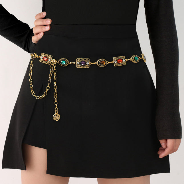 Cross-Border Vintage Bohemian Rhinestone Belt, Fashionable Hollow-Out Antique Silver Chain, European and American Luxury Rhinestone Waist Chain