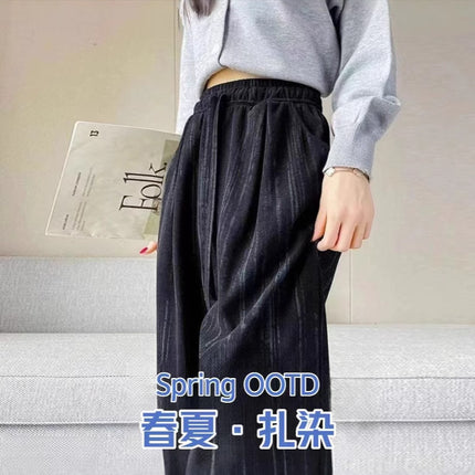 Summer Thin Tie-Dye New Ice Silk Wide-Leg Women's Pants High-Waisted Drape Drawstring Lazy Casual Floor-Length Straight Pants
