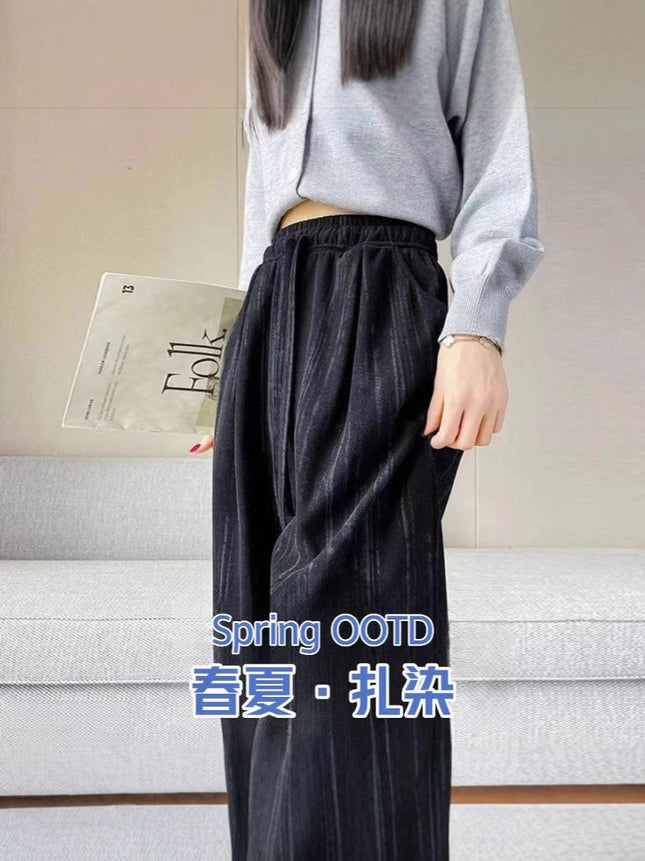 Summer Thin Tie-Dye New Ice Silk Wide-Leg Women's Pants High-Waisted Drape Drawstring Lazy Casual Floor-Length Straight Pants