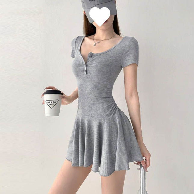 Pure Desire Waist Pleated Skirt Short Sleeve Dress High Waist Bottoming Shorts Two-Piece Set