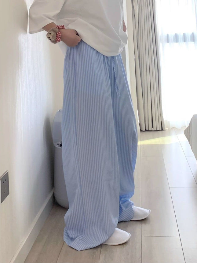 Blue Striped Loose Slimming Wide-Leg Pants for Women Summer Versatile Lazy Floor-Length Casual Sweatpants