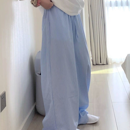 Blue Striped Loose Slimming Wide-Leg Pants for Women Summer Versatile Lazy Floor-Length Casual Sweatpants