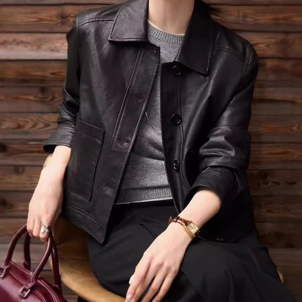 Nordic Harbour Sage Modern Full Vegetable Tanned Sheepskin Leather Coated Sheepskin Short Coat Women's Straight Leather Jacket