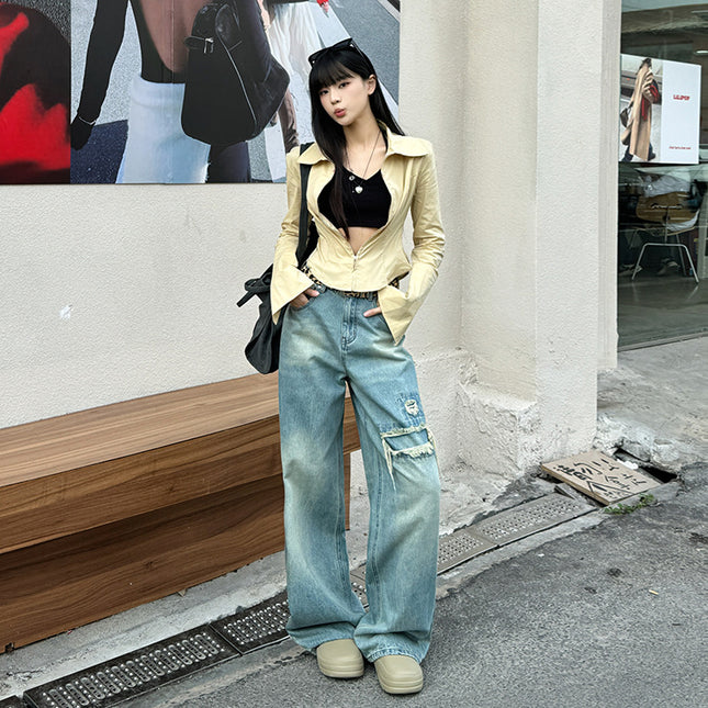 Bumi House# Retro Ripped Jeans Women's 2025 Spring New Straight Loose High Waist Design Mop Pants