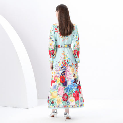 2025 early spring-palace style painted lapel single door lapel lantern sleeve retro printed dress