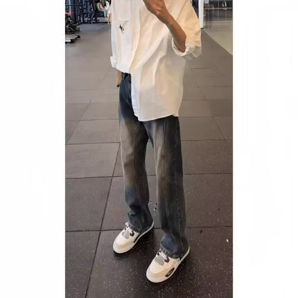 Vintage Blue Denim Jeans for Men, American Style, Stylish and High-End, Extended Length for Tall Individuals, Curved Hem, Bootcut Pants
