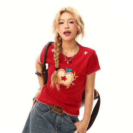 [Pure Cotton Towel Embroider + Back Collar] 2025 Versatile Top Ins Apple Design Niche High-End Sense