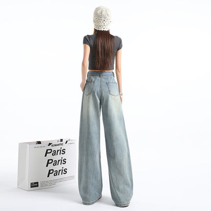 Spring and Autumn Retro High-Waist Belt Design Wide-Leg Pants for Women New Loose Slimming Versatile Drapey Floor-Length Jeans for Women