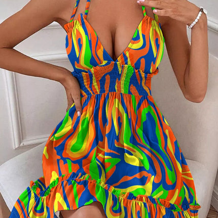 European and American Amazon Cross-Border Popular Women's Clothing Deep V Rope Suspender Parallel Pleated Sexy Dress Beach Degree