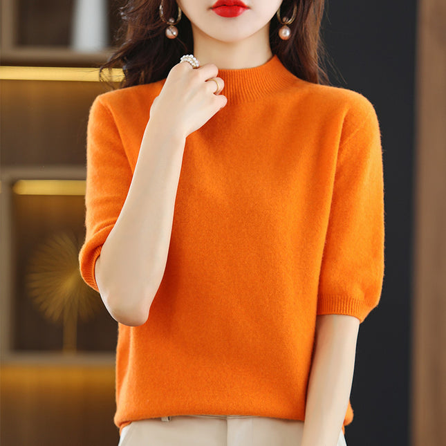 Spring and Autumn New Style Half Turtleneck Mid-Sleeve Bottoming Shirt Thin Knitwear Women's Loose Knitted Knitwear Short-Sleeved Three-Quarter Sleeve Top