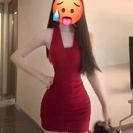 Hot Girl Style Figure-Showing Backless Red Halterneck Dress for Women Summer New High-End Waist Slimming Hip-Hugging Skirt
