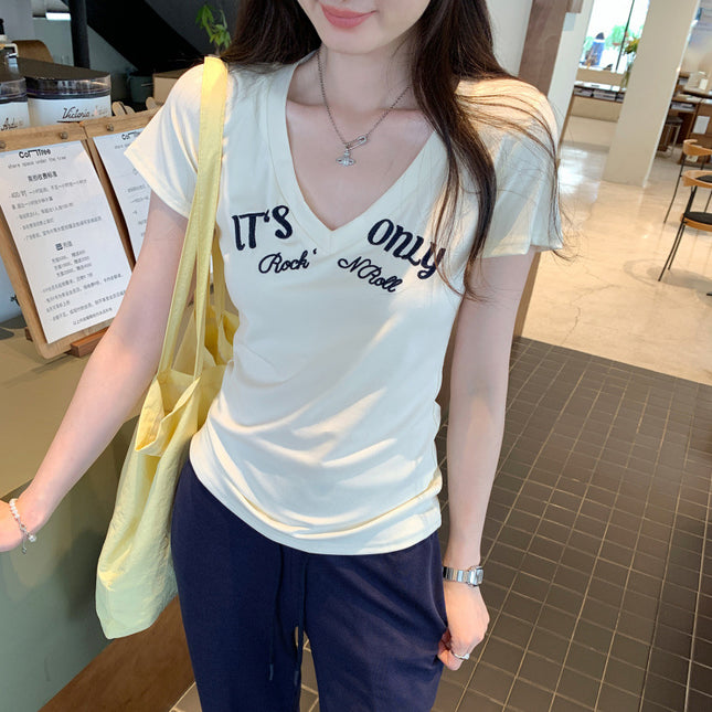 Affordable Women's Style Letter Printed V Neck Right Shoulder Short-Sleeved T-Shirt for Women 2025 Summer New Pure Pinch Waist Sexy Top
