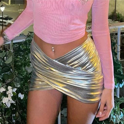 Cross-border e-commerce women's skirt bright face patent leather cross skirt skirt hot girl pleated tight hip skirt factory