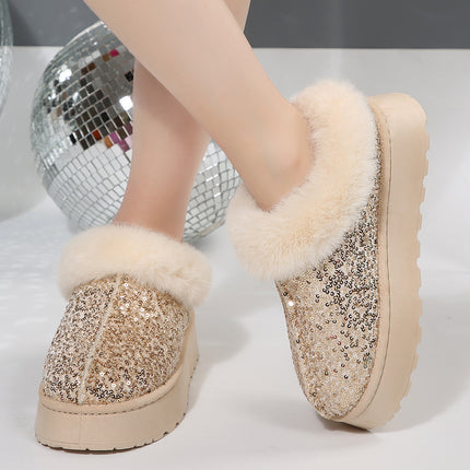 2025 New Large-Size Women's Thick-Soled Plush Snow Boots with Sequin Upper, European and American Style Women's Short Boots