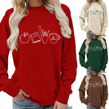 Apple Books Tea Cup Pencil Printing Crewneck Women's Top Sweatshirt Foreign Trade Supply Autumn and Winter Coat Casual Loose