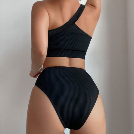 2025 New Bikini Cross-Border European and American Foreign Trade Solid Color Ribbed One-Shoulder High-Waisted Sexy Bikini Swimsuit Swimwear