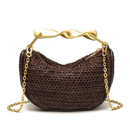 ZA home cross-border metal golden handle mini bag women's 2025 new straw woven bag shoulder slung zipper woven bag