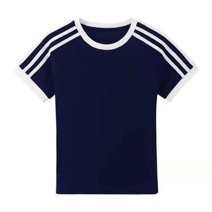 Cross-Border Supply Manufacturer Direct Sales T-Shirt Custom Round Neck Contrasting Stripes Short-Sleeved T-Shirt Blank Board Summer Women